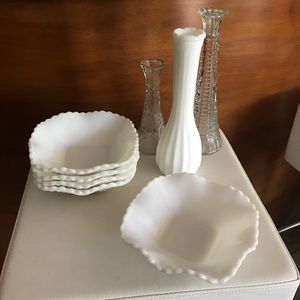Vintage milk glass candy bowl and vases